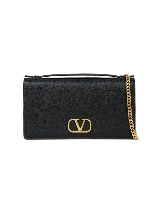 V Logo Signature Chain Long Wallet Black - VALENTINO - BALAAN 1