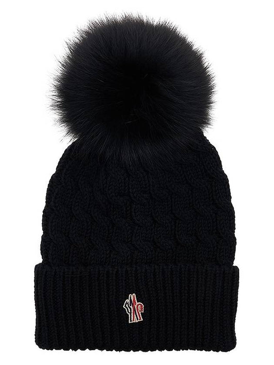 Foxfur Pom Pom Wool Beanie Black - MONCLER - BALAAN 2