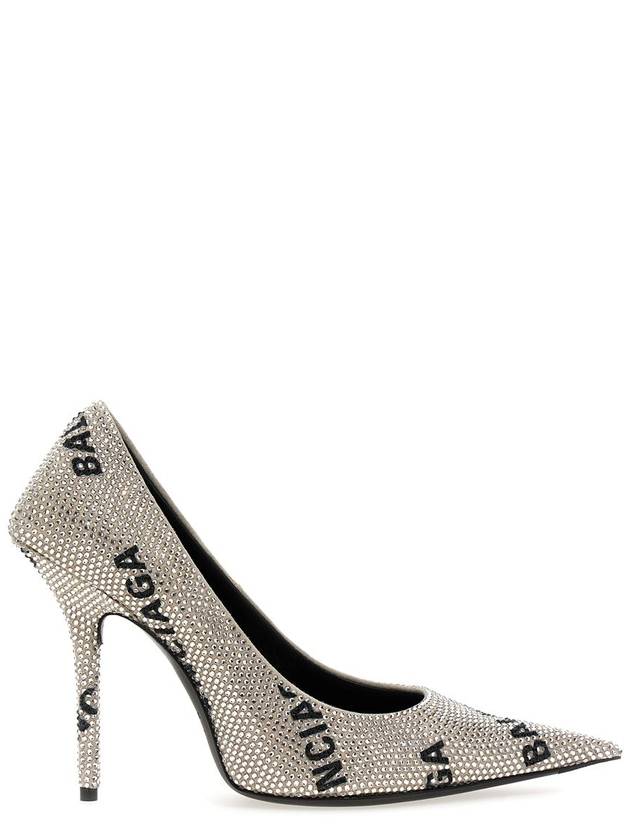 Women's All-Over Logo Rhinestone Square Knife Pumps Heel Silver - BALENCIAGA - BALAAN 2