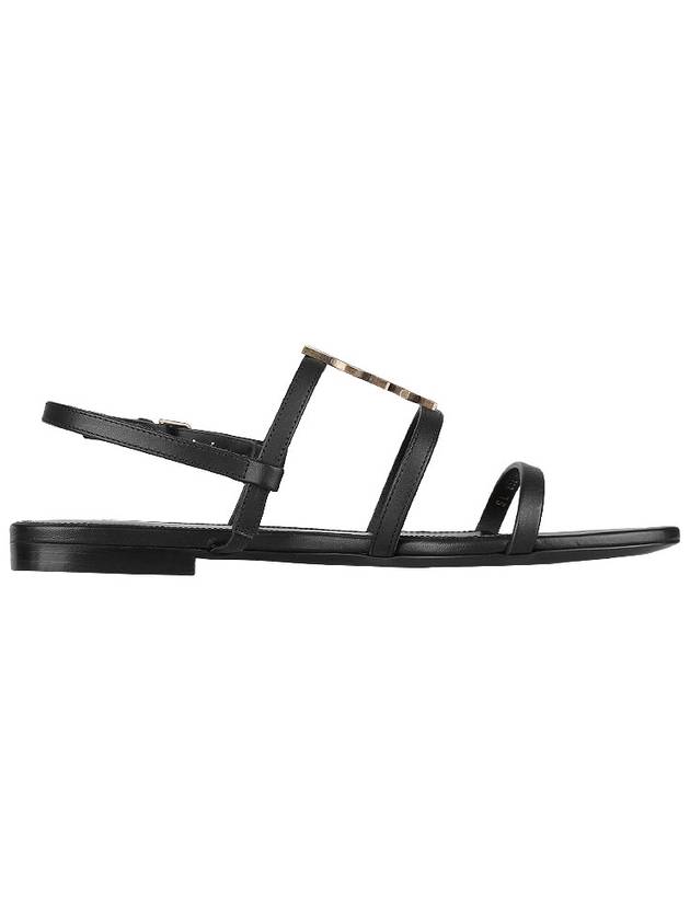 Women's Smooth Leather Gold Tone Monogram Detail Cassandra Flat Sandals Black - SAINT LAURENT - BALAAN 5