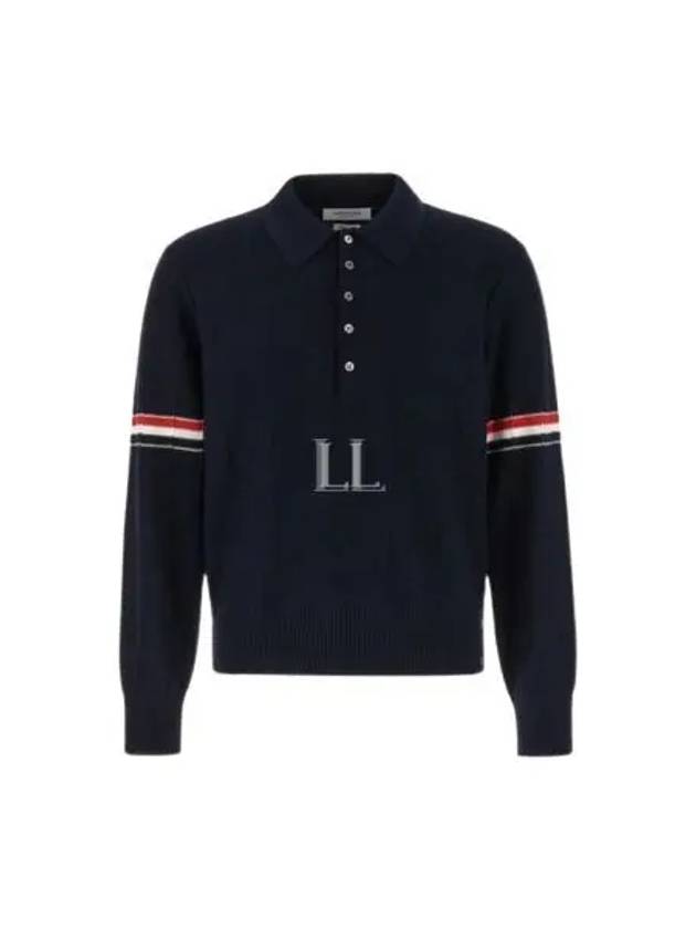 Striped Virgin Wool Long Sleeve Polo Shirt Navy - THOM BROWNE - BALAAN 2