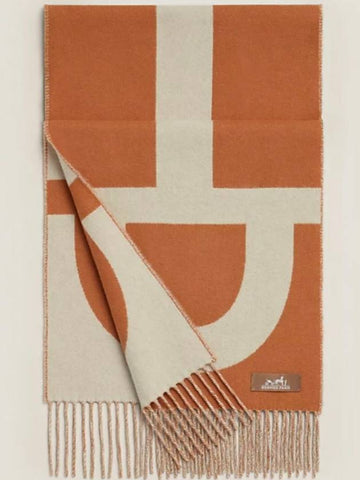 Cashmere Casaque Grand Mors Muffler Orange Ivory H259116S - HERMES - BALAAN 1