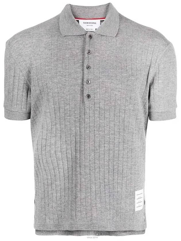 RWB Button Ribbed Polo Wool Knit Top Grey - THOM BROWNE - BALAAN 2