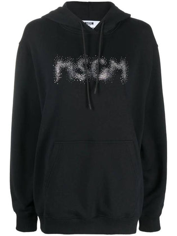 Women's Rhinestone Logo Hooded Top Black - MSGM - BALAAN.