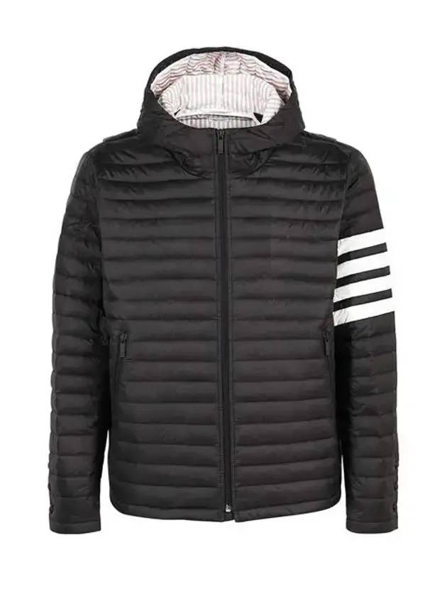 Matte Nylon 4-Bar Stripe Downfill Quilted Hoodie Padding Black - THOM BROWNE - BALAAN 1