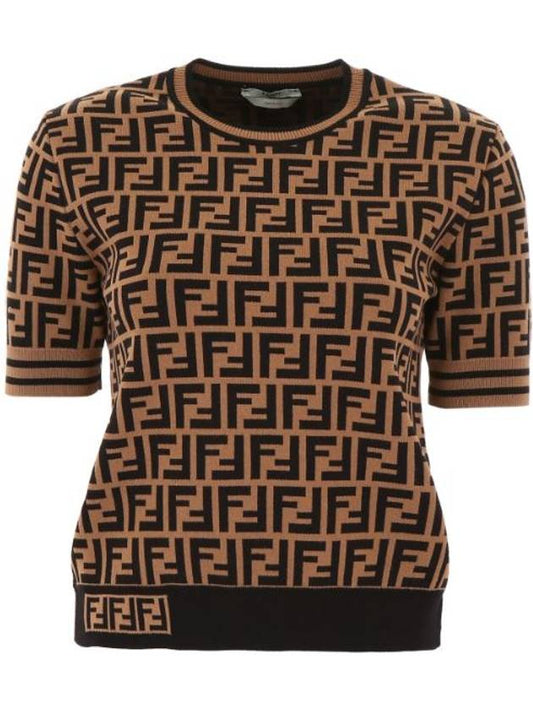 FF Motif Short Sleeve Knit Top Brown - FENDI - BALAAN 1