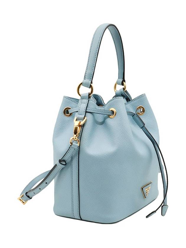 Sky Blue Saffiano Cuir Gold Triangle Logo Bucket 2WAY 1BE032 - PRADA - BALAAN 4