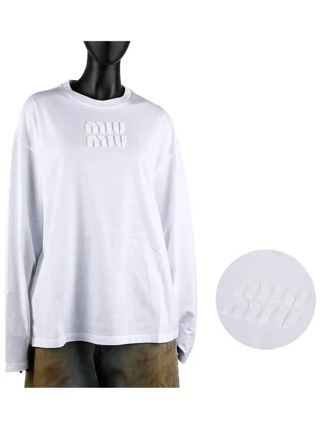 Logo Embroidered Cotton Long Sleeve T-shirt White - MIU MIU - BALAAN 2