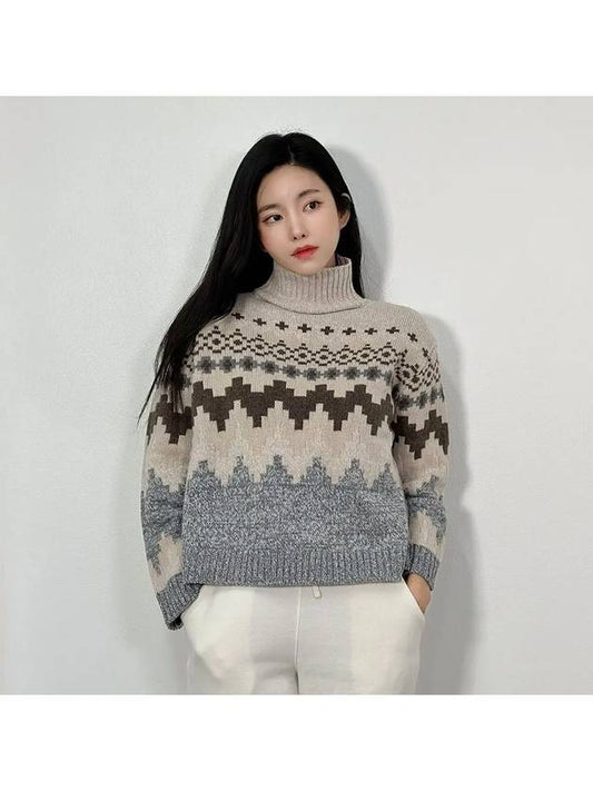 jacquard pattern high neck wool knit top beige - WEEKEND MAX MARA - BALAAN.