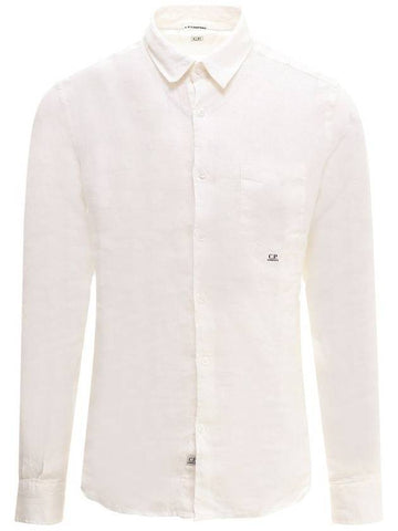 Men's Embroidered Logo Linen Long Sleeve Shirt White - CP COMPANY - BALAAN.