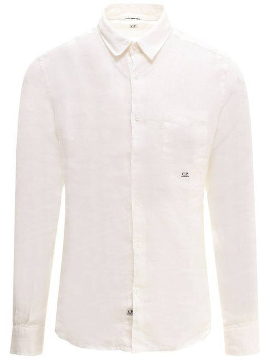 Men's Embroidered Logo Linen Long Sleeve Shirt White - CP COMPANY - BALAAN.