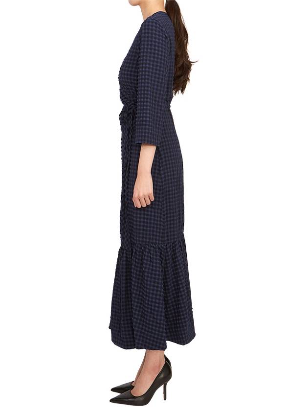 Checkered Seersucker Gathered Wrap Midi Dress Deep Cobalt - GANNI - BALAAN 6