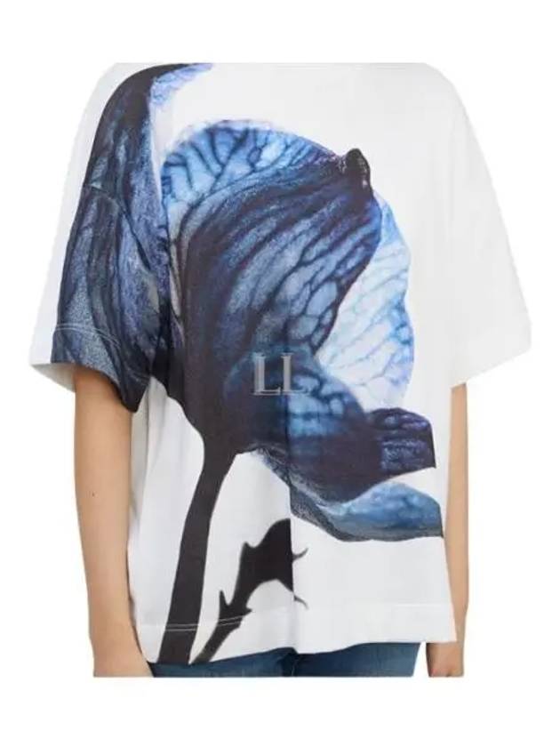 Women's Flower Print Short Sleeve T-Shirt White Blue - ALEXANDER MCQUEEN - BALAAN 2