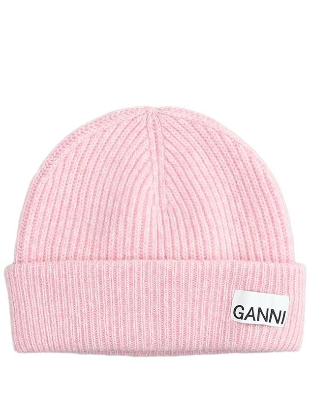 Wool Rib Knit Beanie Pink - GANNI - BALAAN 2