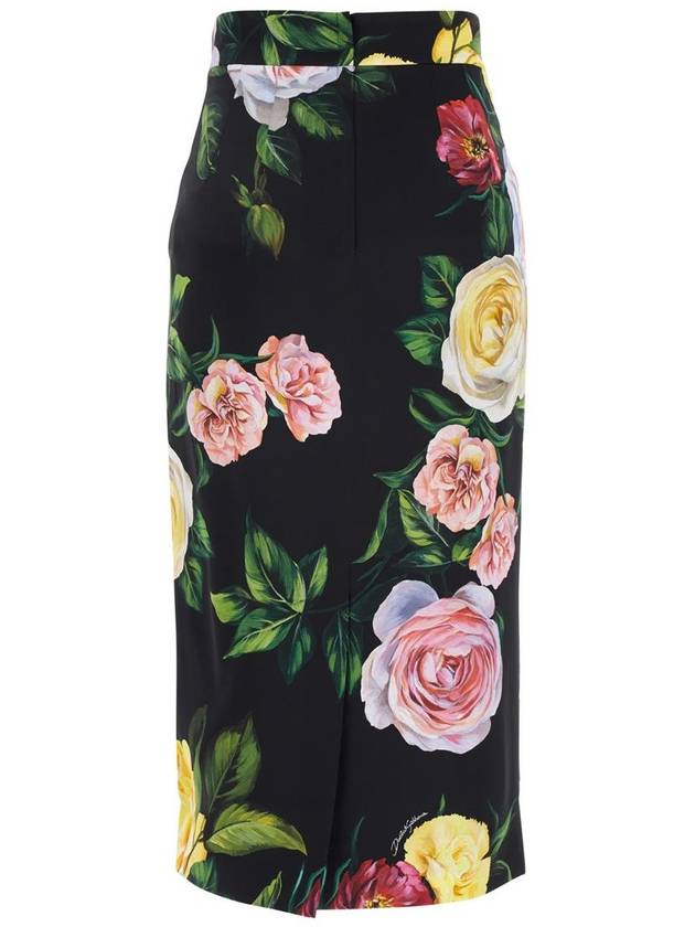 Black Midi Skirt With All-Over Floral Print In Silk Stretch Woman - DOLCE&GABBANA - BALAAN 2