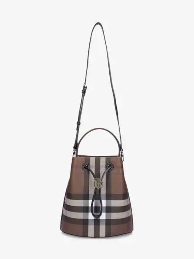 TB Logo Checked Leather Small Bucket Bag Dark Birch Brown - BURBERRY - BALAAN 2