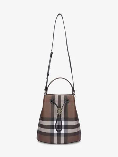 TB Logo Checked Leather Small Bucket Bag Dark Birch Brown - BURBERRY - BALAAN 2