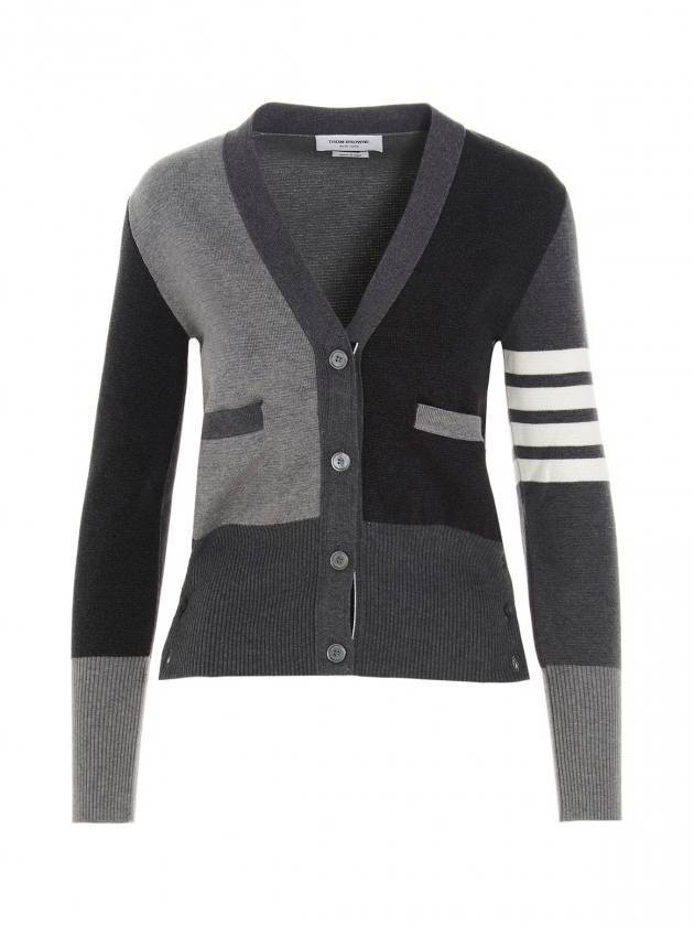 Women Diagonal V-neck Fun Mix Cardigan Grey - THOM BROWNE - BALAAN 1