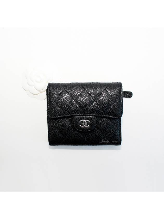 Small Classic Flap Wallet Grained Calfskin Silver Black - CHANEL - BALAAN 3