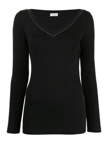 Shiny Cotton V-neck Long Sleeve T-Shirt Black - BRUNELLO CUCINELLI - BALAAN 1