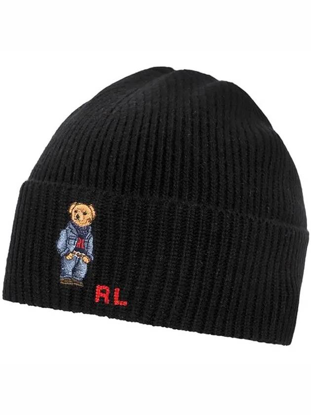 Embroidered Denim Bear Wool Beanie Black - POLO RALPH LAUREN - BALAAN 3