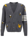 Men's Merino Bird Bee 4 Bar V-Neck Merino Cotton Cardigan Medium Grey - THOM BROWNE - BALAAN 2