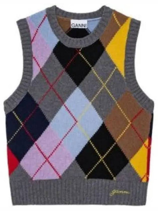 Harlequin Wool Mix Knit Vest Frost Grey - GANNI - BALAAN 2
