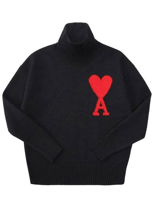 Men's Big Heart Logo Wool Turtleneck Knit Black - AMI - BALAAN.