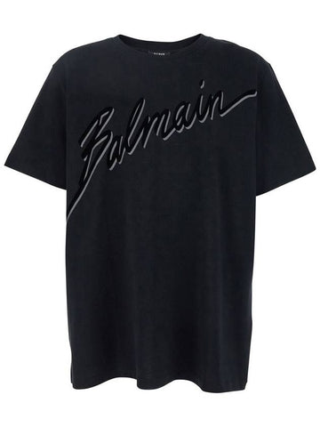 Black T-Shirt With Logo Lettering On The Front In Cotton Man - BALMAIN - BALAAN 1