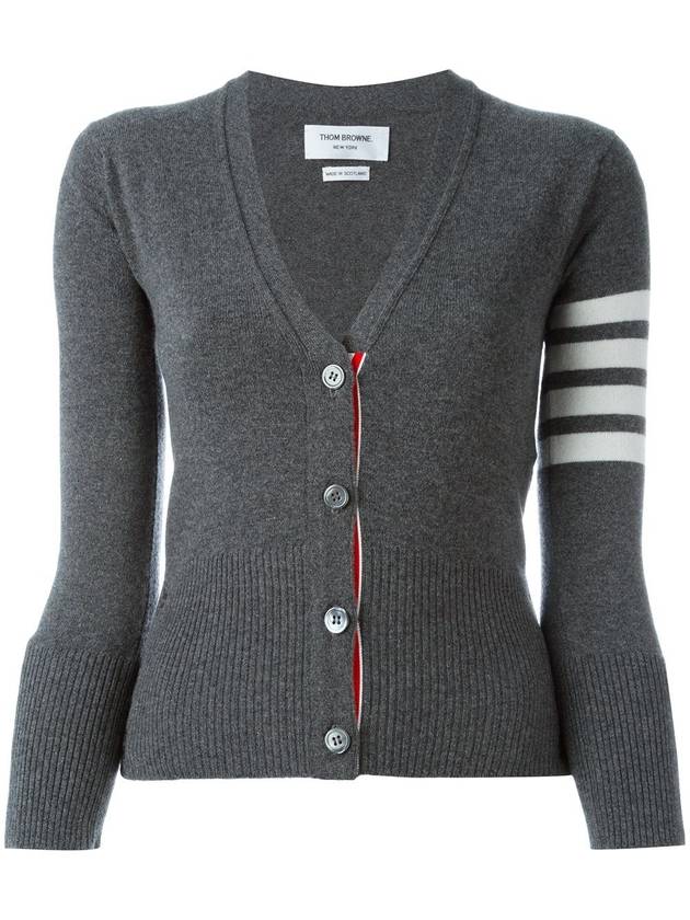 4-Bar V-Neck Cashmere Cardigan Grey - THOM BROWNE - BALAAN 1