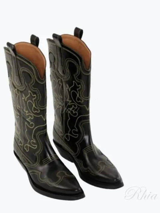 Embroidered Western Leather Middle Boots Black - GANNI - BALAAN 2