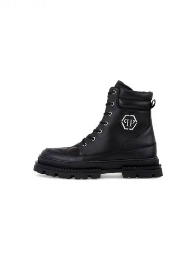 Men's Hexagon Patch Leather Army Boots Black 270280 - PHILIPP PLEIN - BALAAN 1