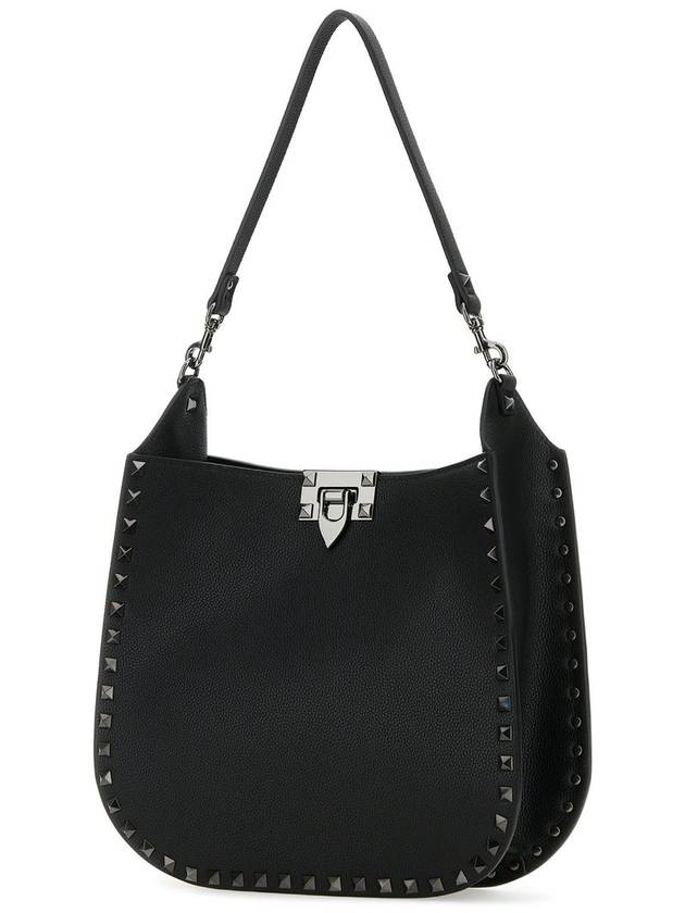 Rockstud Grainy Calfskin Hobo Shoulder Bag Black - VALENTINO - BALAAN 3