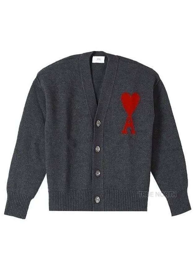 Heart Logo V Neck Wool Cardigan Heather Grey - AMI - BALAAN 2