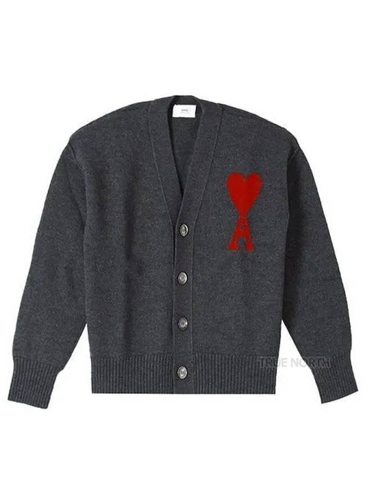 Heart Logo V Neck Wool Cardigan Heather Grey - AMI - BALAAN 2