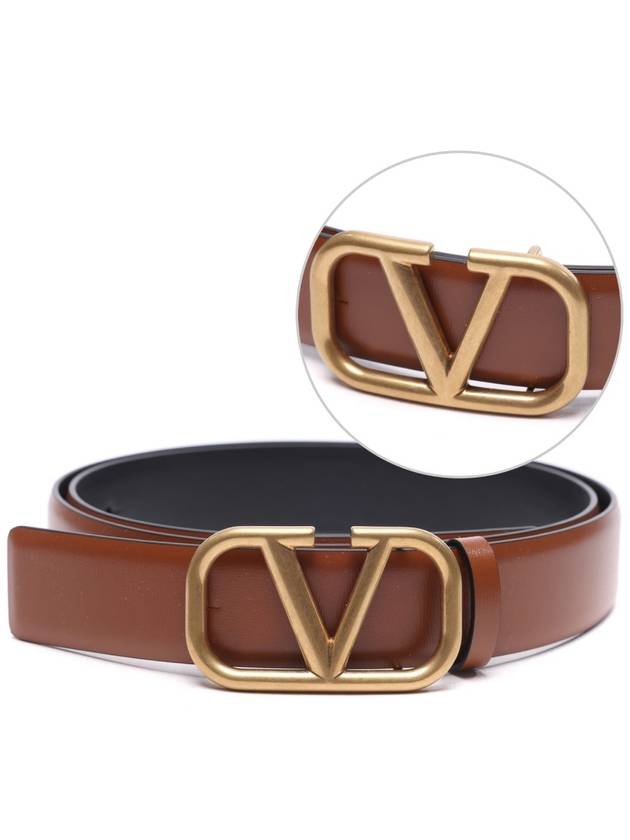 Gold V Logo Signature Leather Belt Brown - VALENTINO - BALAAN 3