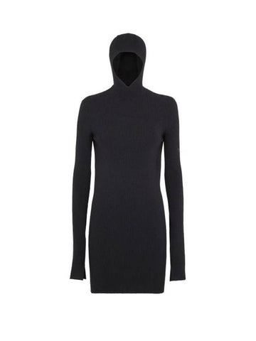 Long Sleeve Hooded Wool Silk Short Dress Black - FENDI - BALAAN 1