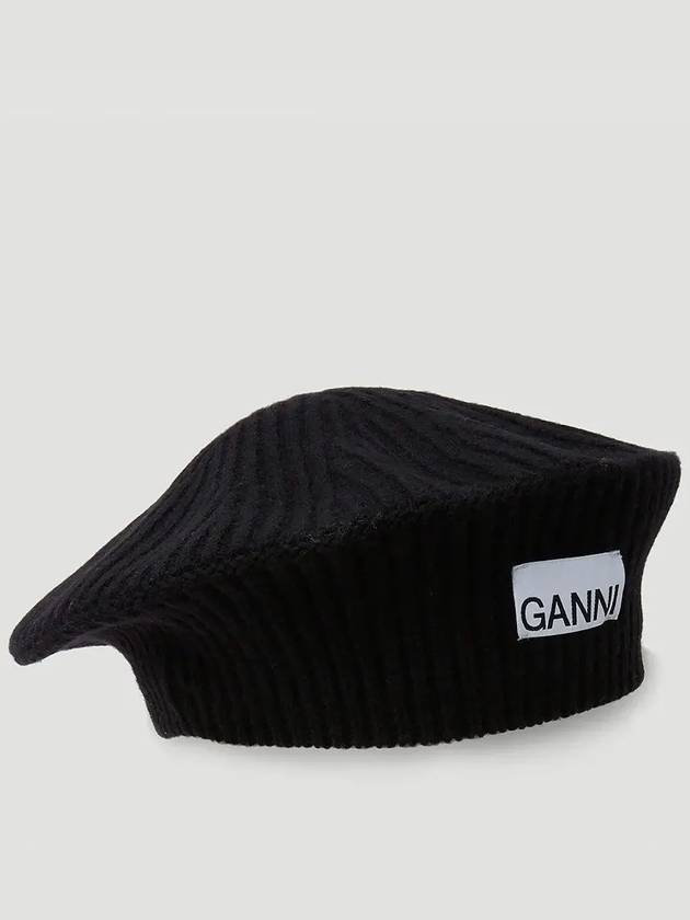 Logo Rib Edge Wool Beret Black - GANNI - BALAAN 2