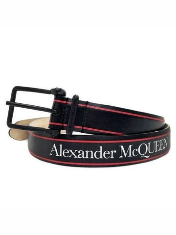 Logo Print Smooth Leather Belt Black - ALEXANDER MCQUEEN - BALAAN.
