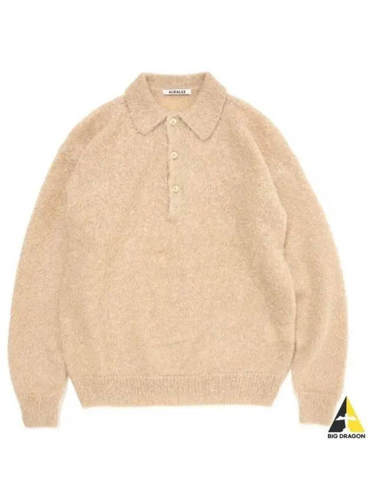 BRUSHED SUPER KID MOHAIR KNIT POLO BEIGE A23AP03KM - AURALEE - BALAAN 1