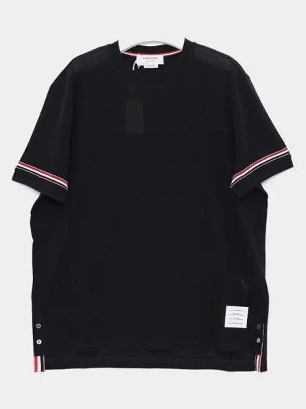 Striped Detail Crew Neck Cotton Short Sleeve T-Shirt Navy - THOM BROWNE - BALAAN 2