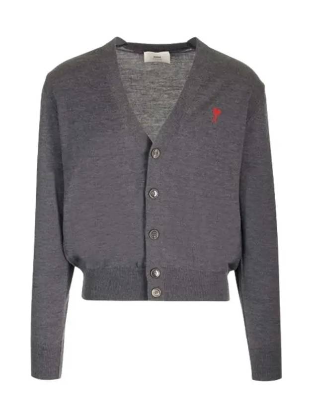 Red Heart Logo Merino Wool Cardigan Heather Grey - AMI - BALAAN 4