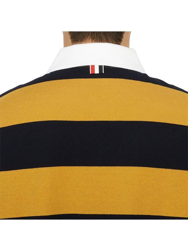 Embroidered Flower Rugby Stripe Short Sleeve PK Shirt Navy Yellow - THOM BROWNE - BALAAN.