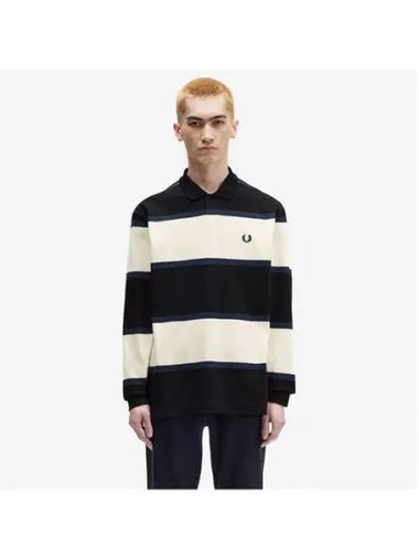 Fred Perry Sport Striped Long Sleeve Polo Shirt Ecru AFPM2438519 560 - FRED PERRY - BALAAN 1