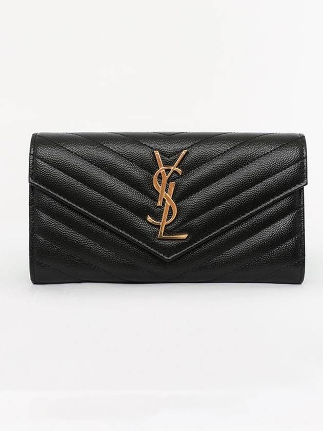 Matelasse Monogram Quilting Leather Flap Long Wallet Black - SAINT LAURENT - BALAAN 2