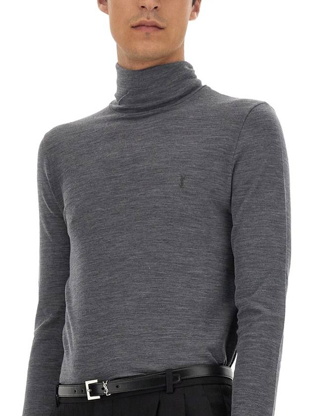 Embroidered Logo Roll Neck Wool Knit Top Grey - SAINT LAURENT - BALAAN 5