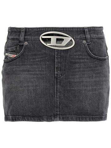 'De-Ron-S2' Black Mini-Skirt With Oval D Logo Buckle And Cut-Out In Stretch Cotton Denim Woman - DIESEL - BALAAN 1