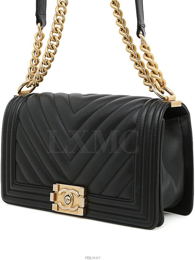 Classic Boy Bag Chevron Black Gold Chain Shoulder Flap - CHANEL - BALAAN 2