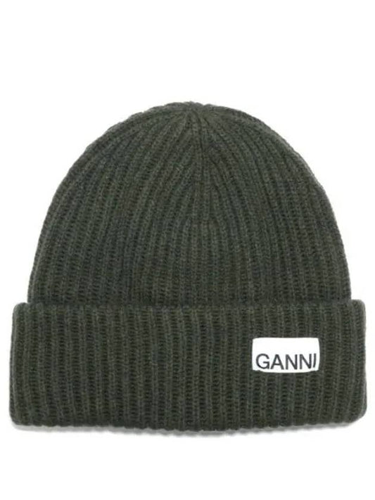 Logo Patch Knit Beanie Green - GANNI - BALAAN 2