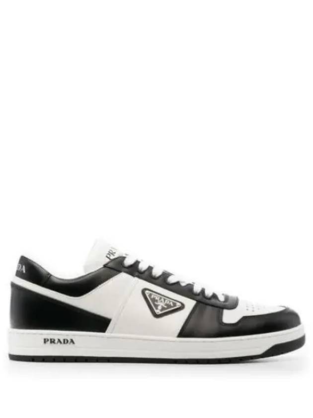 Men's Downtown Triangle Logo Leather Low Top Sneakers White Black - PRADA - BALAAN 2